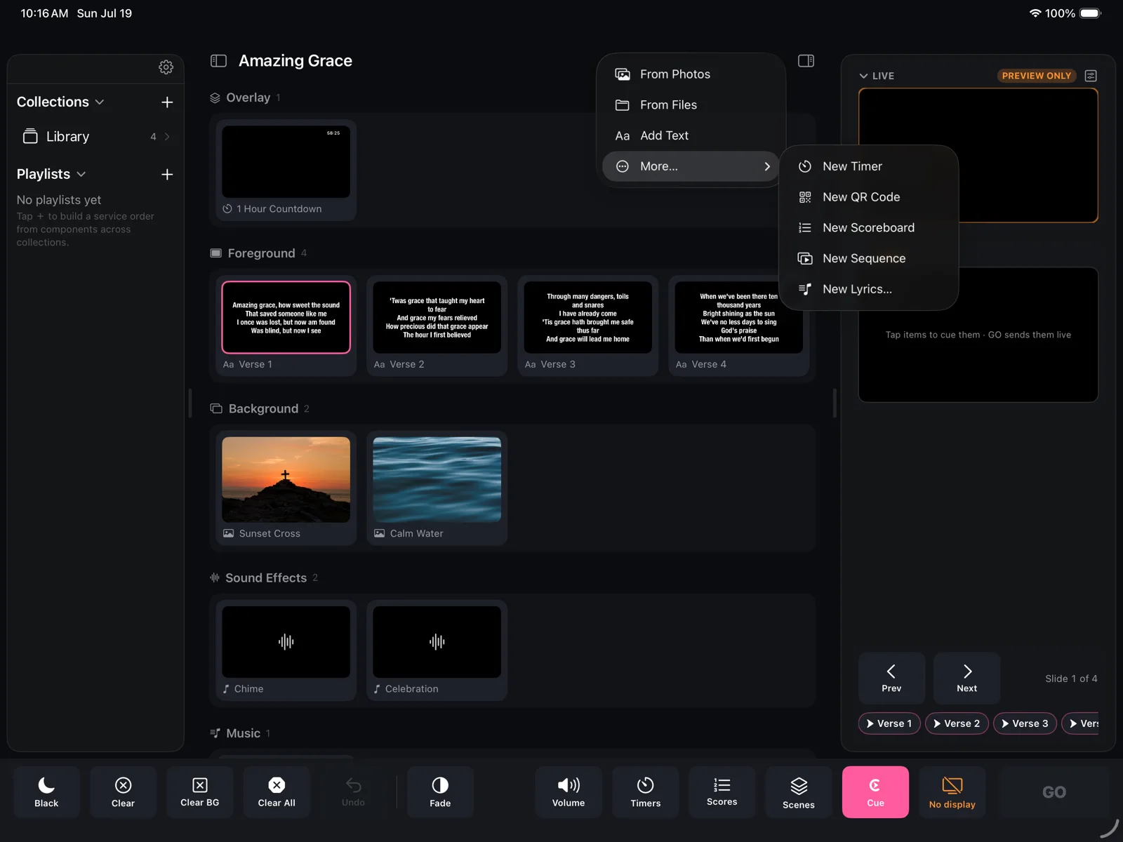 The add menu on iPad: from Photos, from Files, text, timers, QR codes, scoreboards, sequences and lyrics