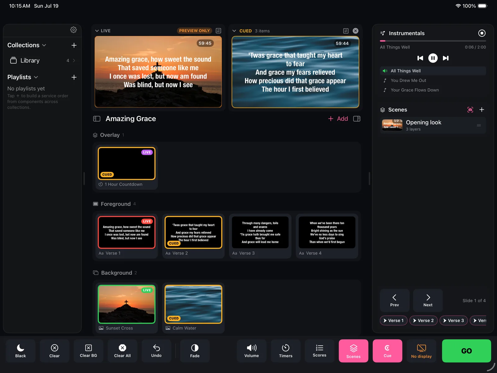 Cue mode on iPad: the live output next to a cued next look, with the GO button ready