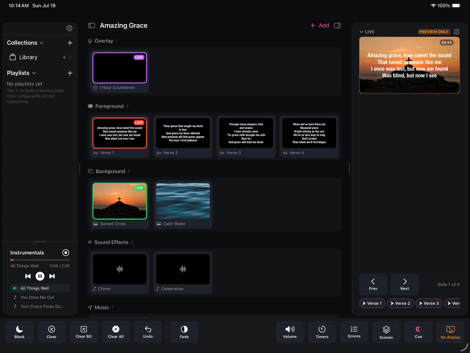 Cue running a show on iPad: overlay, foreground and background layers, a music player, and a live preview of the output