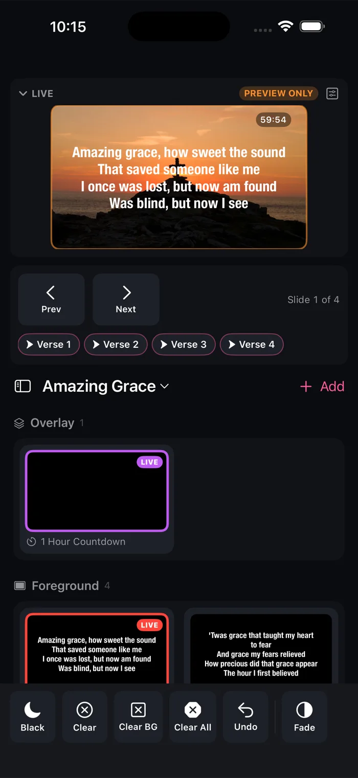 The same show on iPhone, with the live preview, verse cue points and transport controls