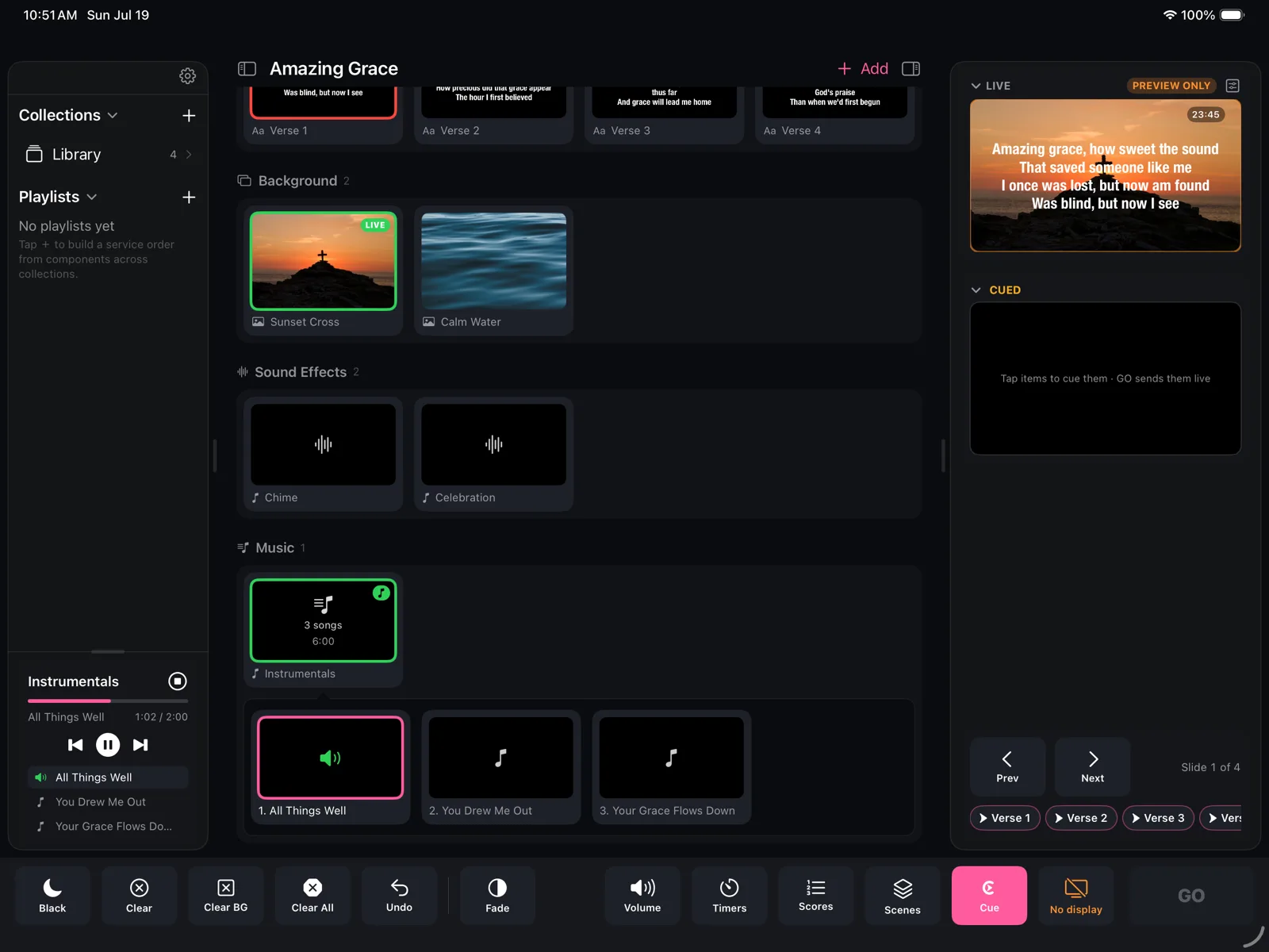 A song in Cue with verse slides, cue point buttons and an instrumentals player